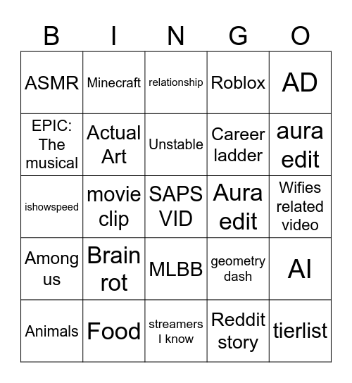 Youtube Shorts Bingo Card