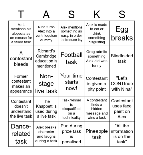 TASKMASTER Bingo Card