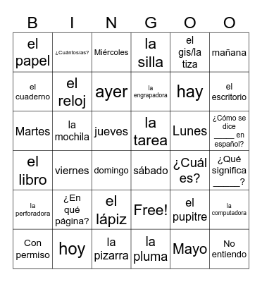 Spa 1- PRELIMINARY Classroom objects Bingo Card