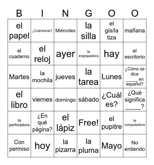 Spa 1- PRELIMINARY Classroom objects Bingo Card