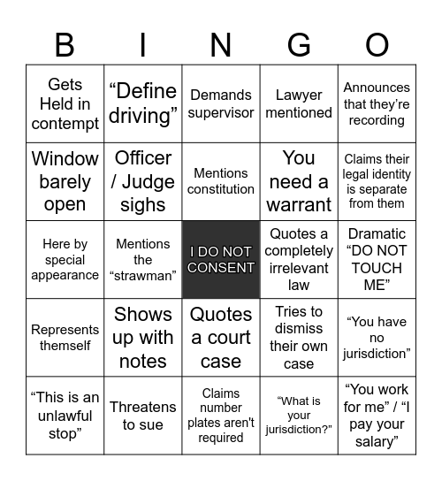 Sovereign Citizen Bingo Card
