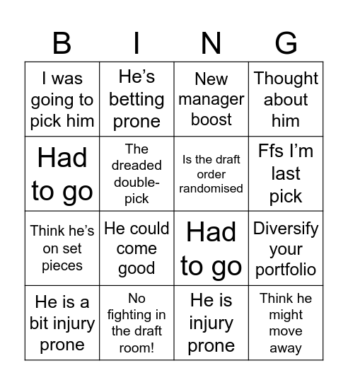 Fantrax Draft Bingo Card