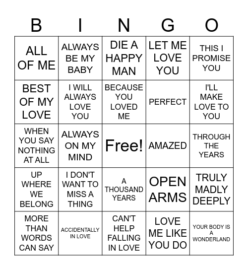 LOVE SONGS Bingo Card