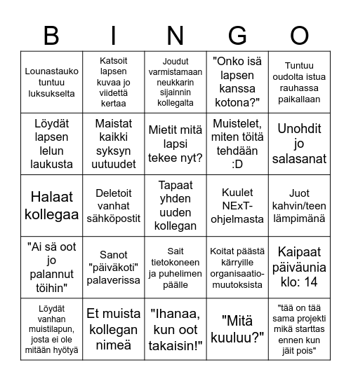 Töihin paluu -bingo Card
