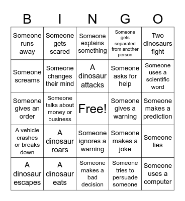 Jurassic World Bingo Card