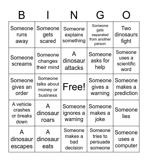 Jurassic World Bingo Card