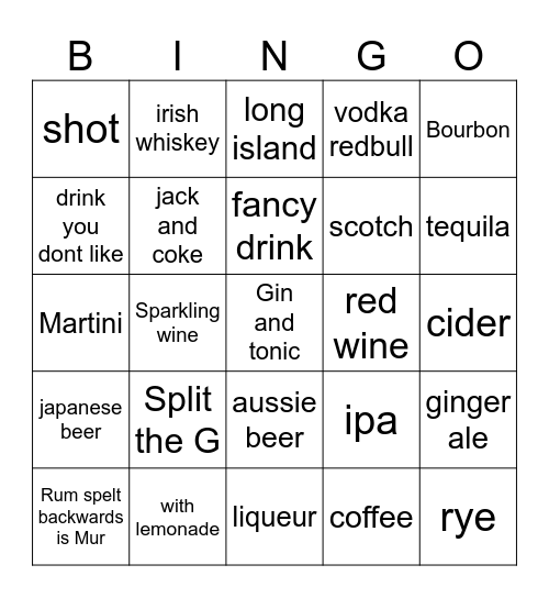Bar Crawl Bingo Card