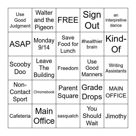 Beginning of the Year Bingo Card