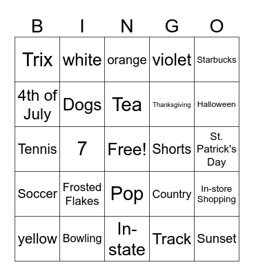 Personality Bingo Card