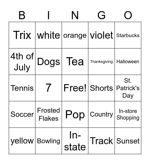Personality Bingo Card