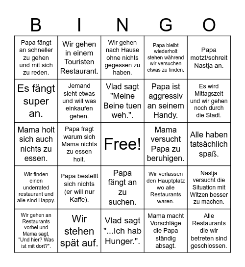 Urlaub mit Familie Bingo Card
