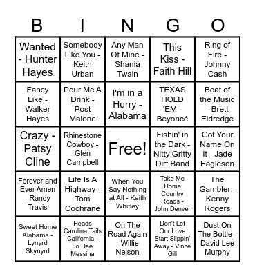 🤠 Country Hits 🤠 Bingo Card