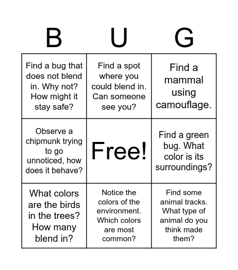 Camo Hunt Bingo Card