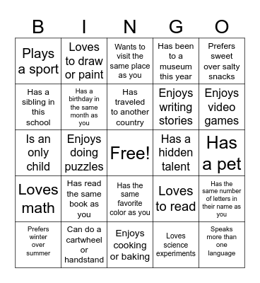 Grade 5 Student Bingo! Bingo Card