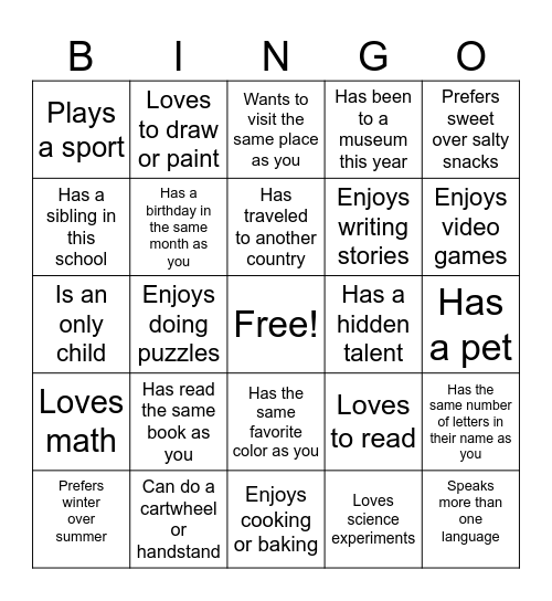 Grade 5 Student Bingo! Bingo Card