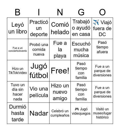 BINGO DEL VERANO Bingo Card