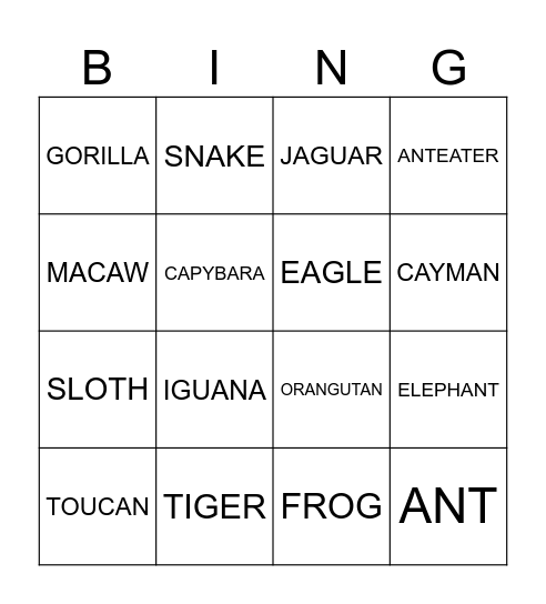 JUNGLE ANIMALS Bingo Card