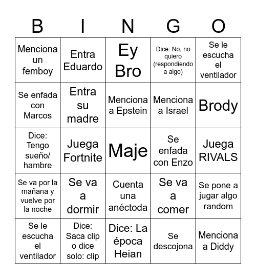 Cosas que dirá o hará Lian Bingo Card
