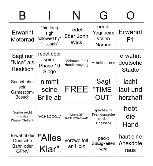 Yogi's Bingo. Zielperson: Derick Bingo Card