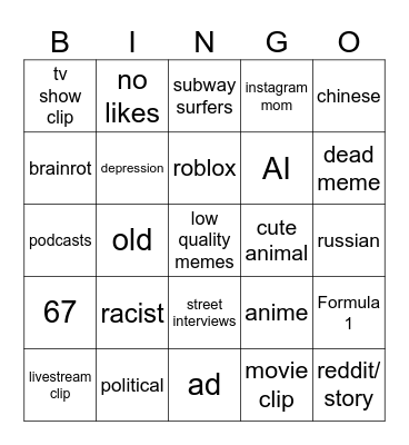 Instagram Bingo Card