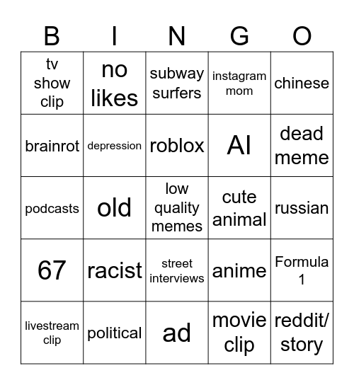 Instagram Bingo Card
