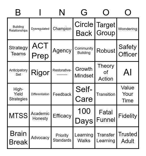 Back to School Bingo Card