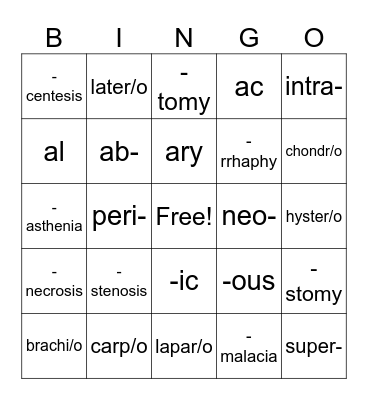 Medical Terminology Bingo Card