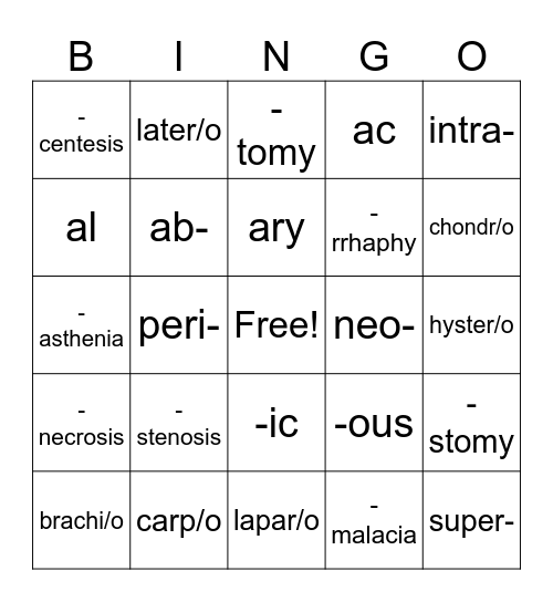 Medical Terminology Bingo Card