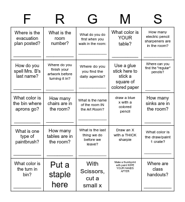 ART ROOM Scavenger Hunt Bingo Card