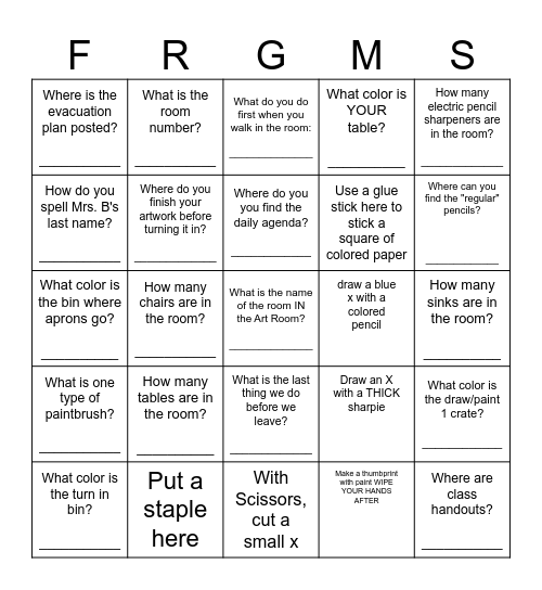 ART ROOM Scavenger Hunt Bingo Card