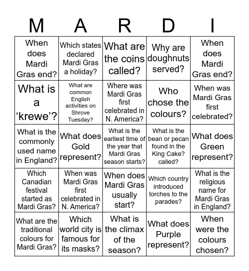 Mardi Gras Trivia Bingo Card