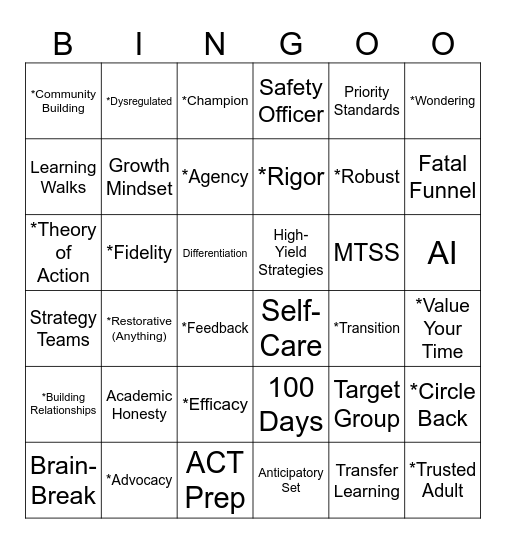 Back to School Bingo Card