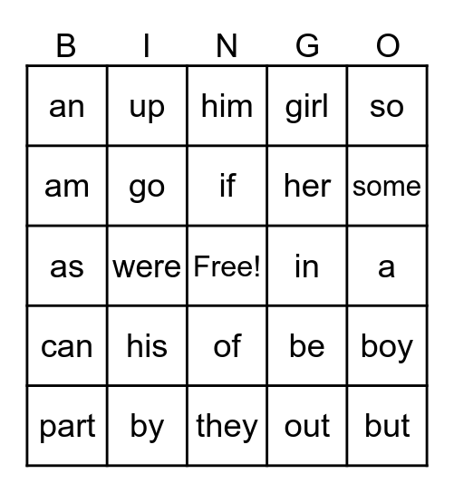 Sight Word Bingo Card