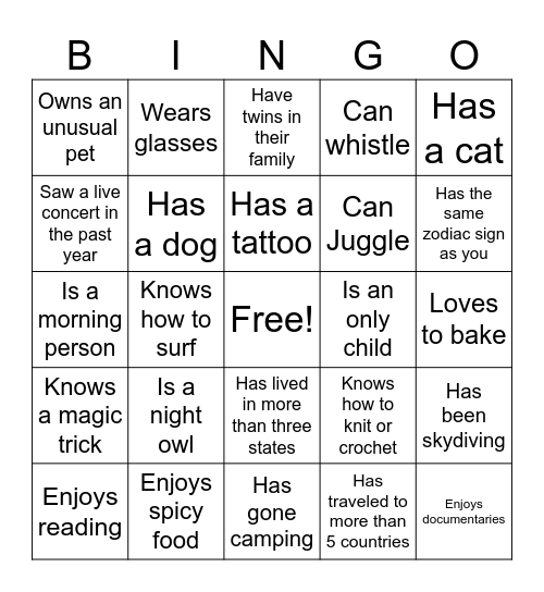Team Trivia Bingo:        Find Someone Who... Bingo Card