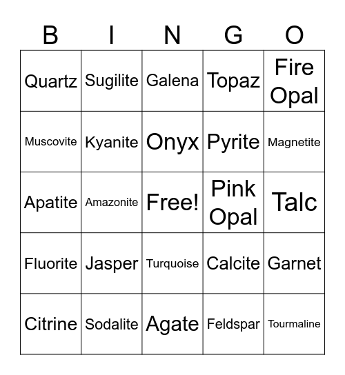 Mineralogy Bingo Simplified Bingo Card