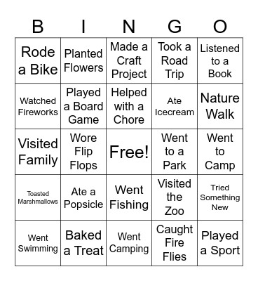 What I Did This Summer Bingo Card