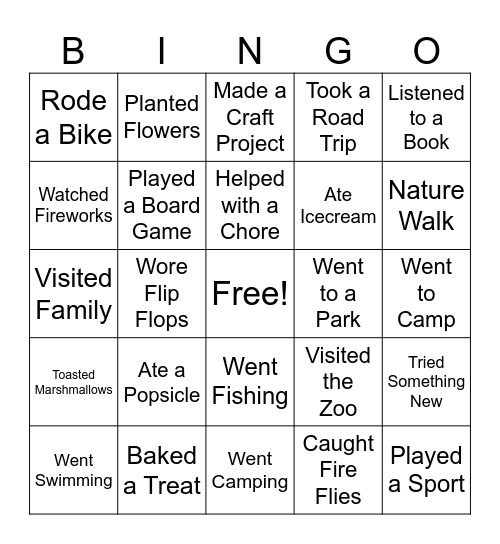 What I Did This Summer Bingo Card
