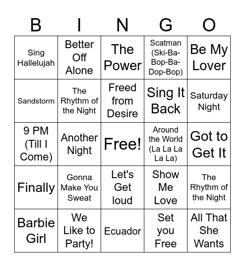 90's Dance Mix Bingo Card