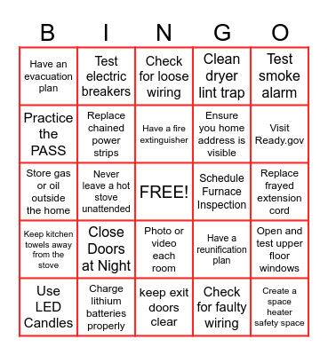 Fire Prevention & Safety! Bingo Card
