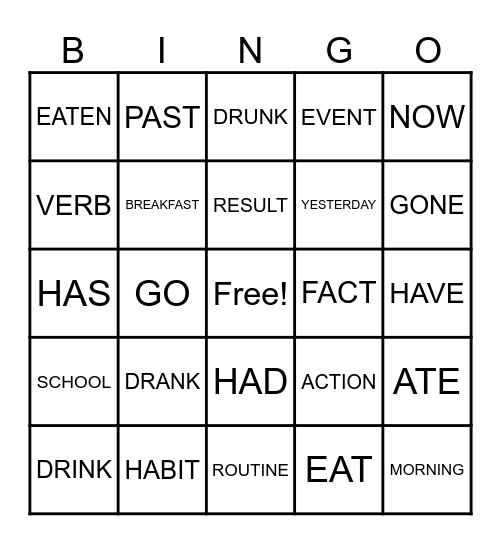 VERB 1,2,3 Bingo Card