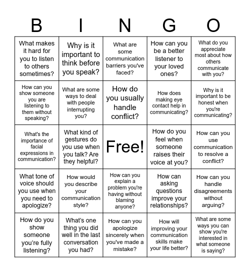 Communication Bingo Card