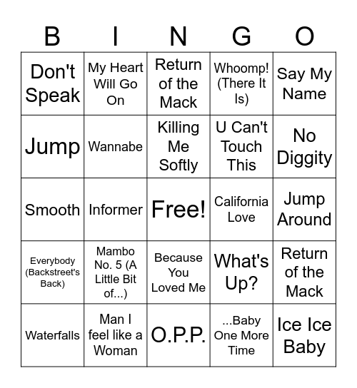 90's RNB/ POP Bingo Card