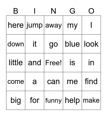 DOLCE PRE-PRIMER WORDS Bingo Card