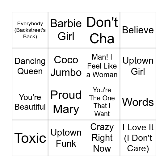 Music Bingo Game 16 Bingo Card