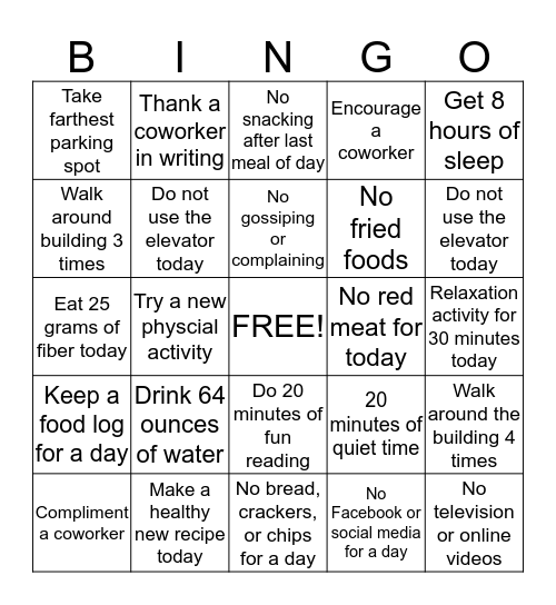 Fitness Bingo  Bingo Card