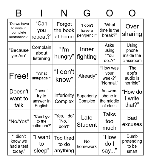 Students Bingo Card