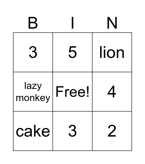 Kinder 5B Bingo Card