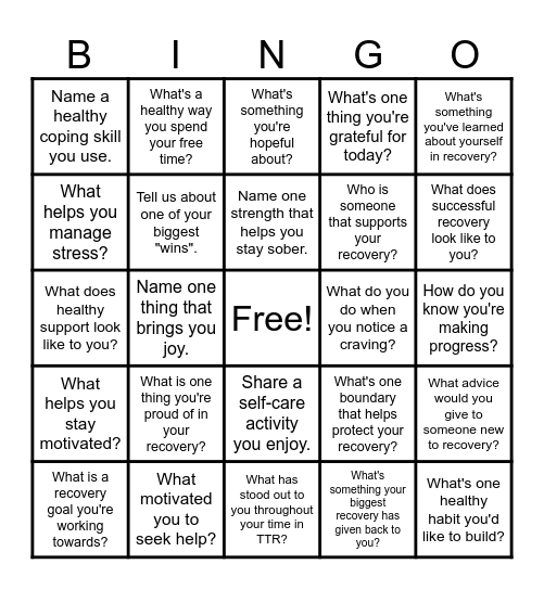 Recovery Bingo Card