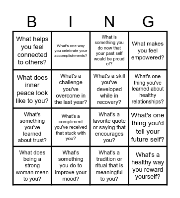 Recovery Bingo Card