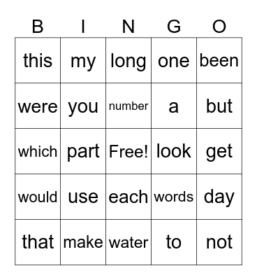 Sight Words Bingo Card